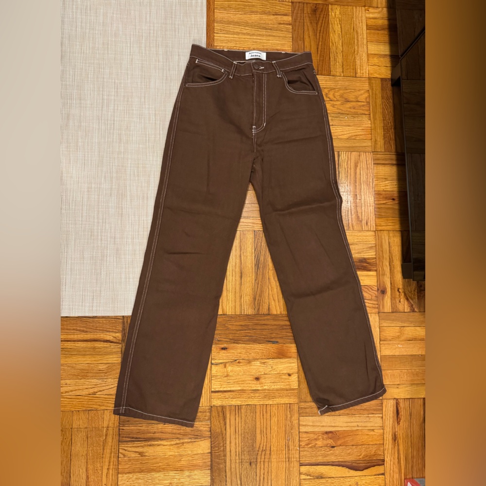 Reformation Chocolate Brown Jeans with White Stitching